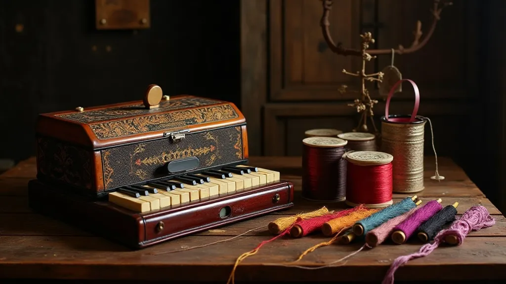 Antique accordion and marudai braiding loom