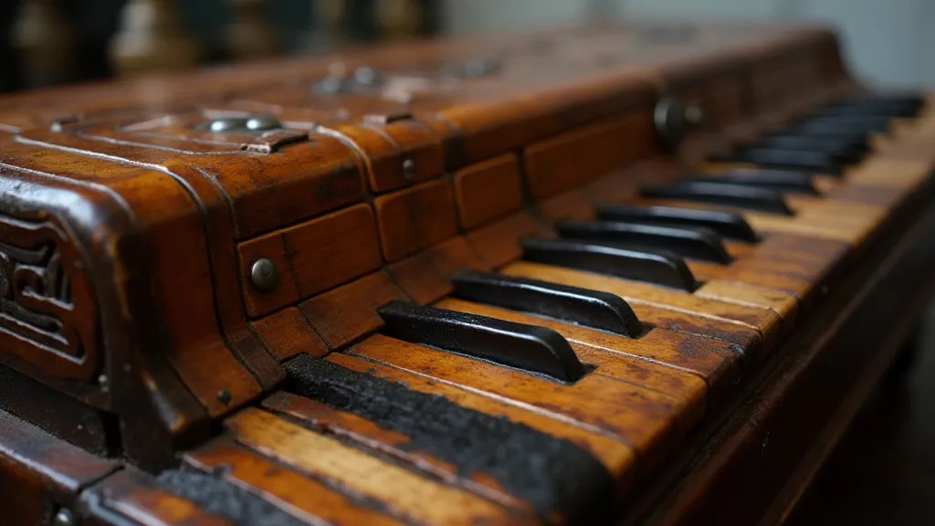 Close-up of antique accordion detailing craftsmanship