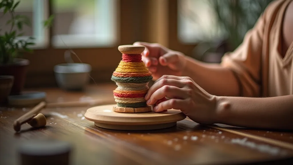 A Kumihimo artisan braiding on a marudai.