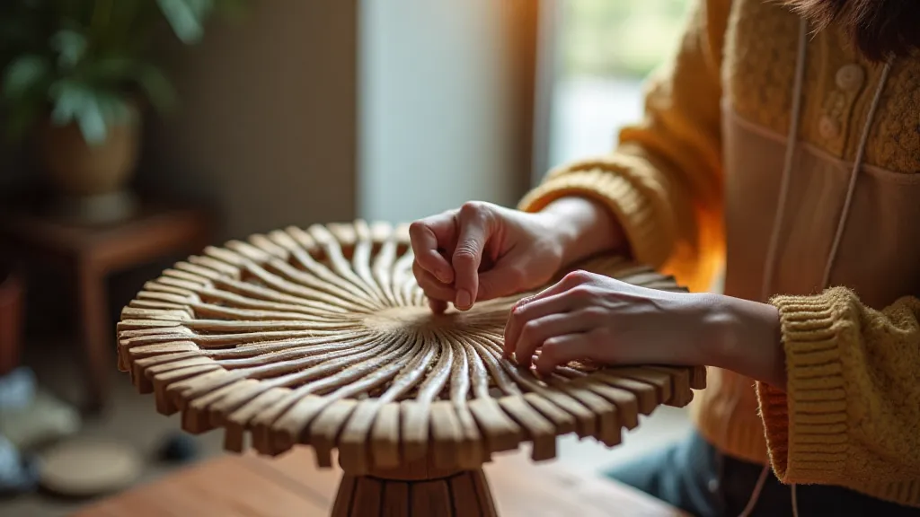 A modern Kumihimo artist working on a marudai braiding stand.