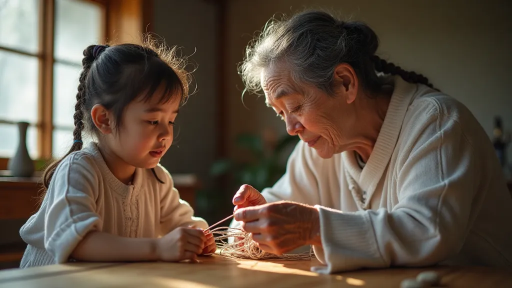 Grandmother teaching Kumihimo to granddaughter