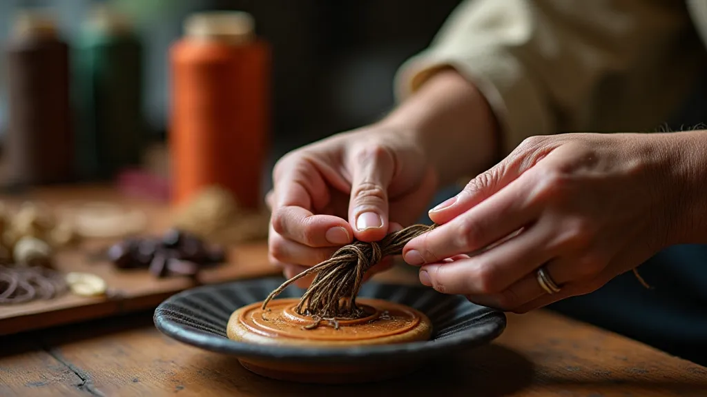 Hands braiding Kumihimo cords on a marudai