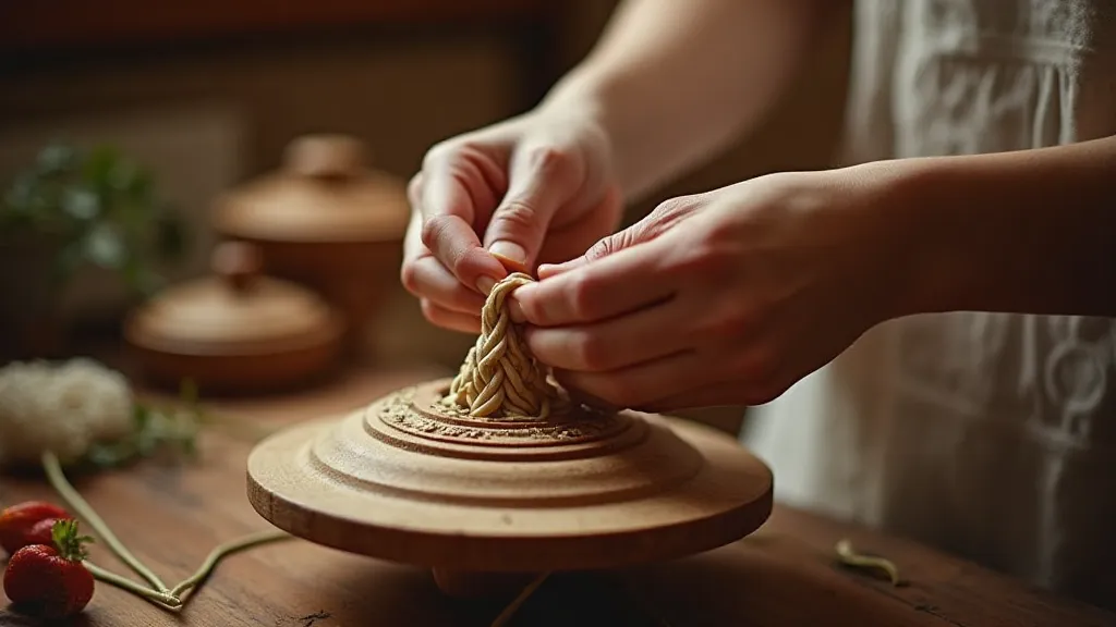 Hands braiding Kumihimo cords on a marudai