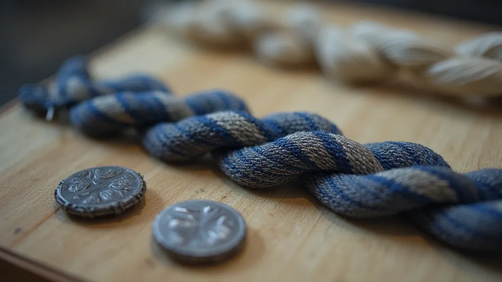 Museum display of an antique indigo and silver Kumihimo braid